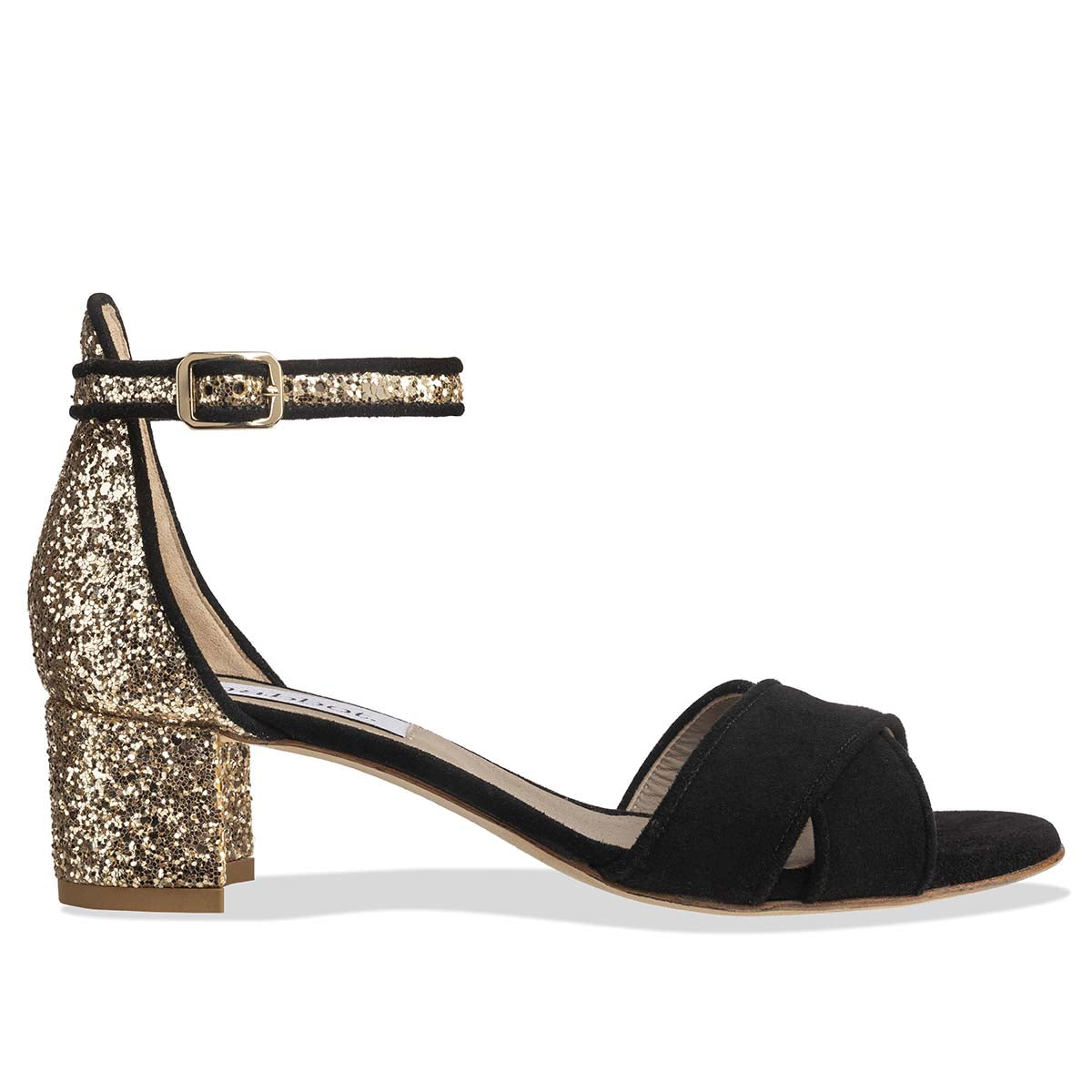 'Pepe' Women's cross strap Heel Sandals – Black and Gold Shoes | habbot